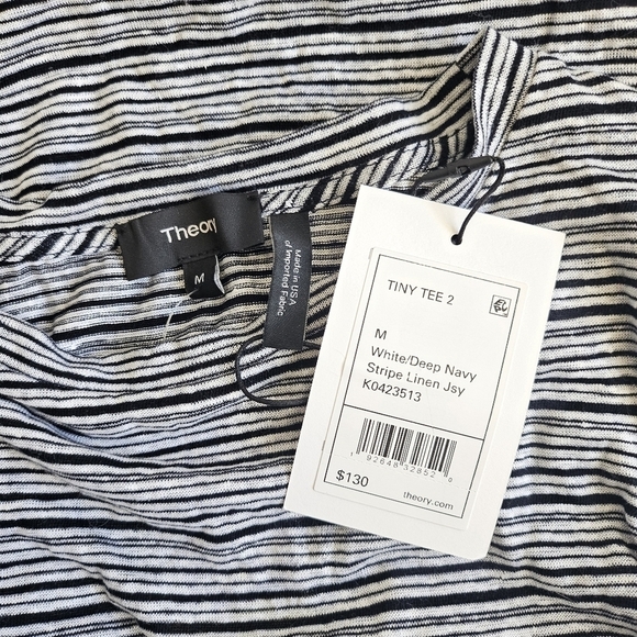 New Theory Tiny Tee 2 Striped Linen Jersey White/Deep Navy Tee K0423513 Medium - Picture 10 of 11